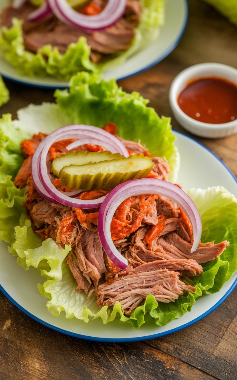 Flavorful Keto Pulled Pork Lettuce Wraps Recipe Colorful pulled pork lettuce wraps with pork, lettuce, red onions, and pickles on a rustic table.